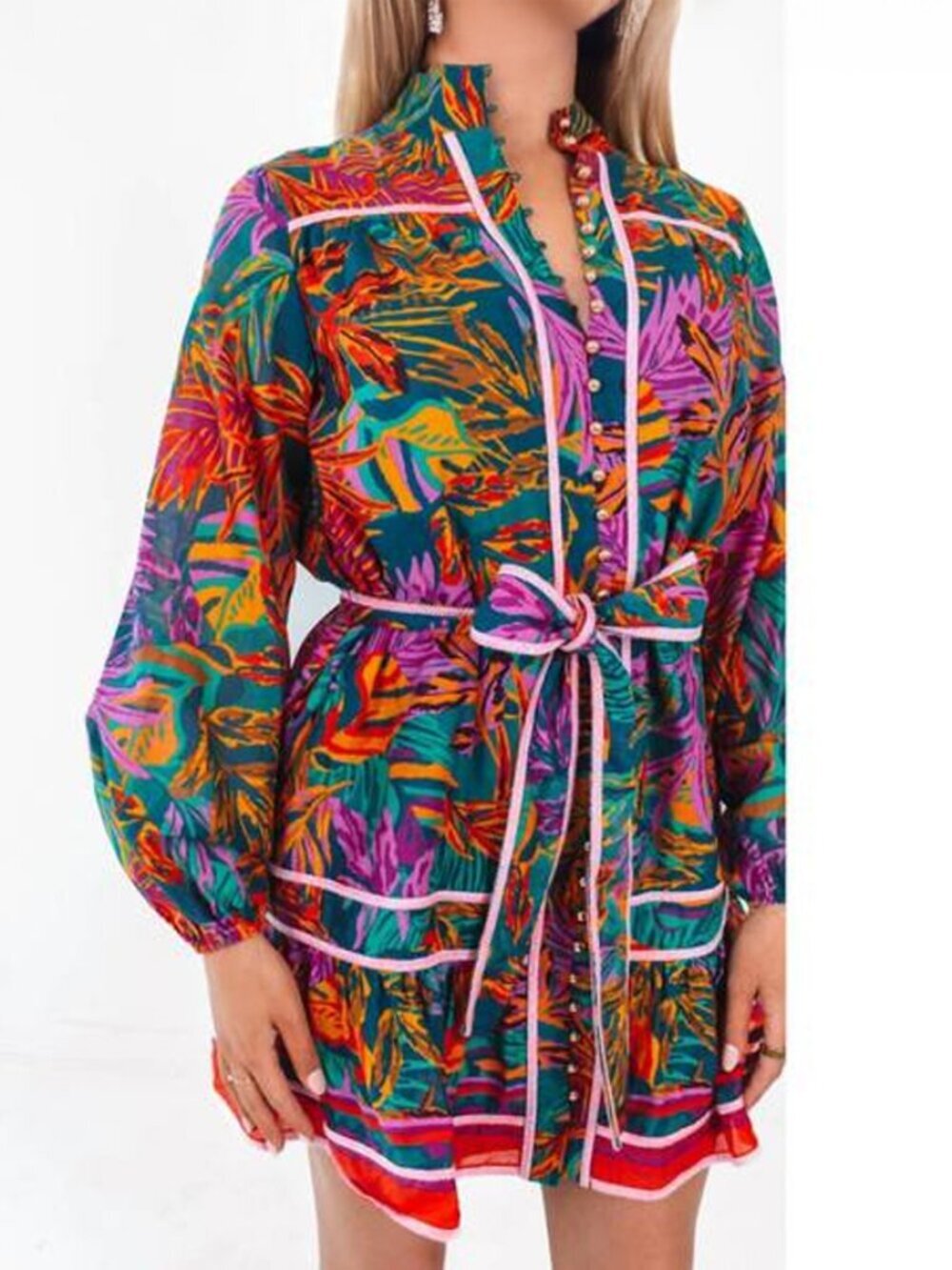 J.Marie Multicolor Tropical Long Sleeve Button Front Dress Size XL